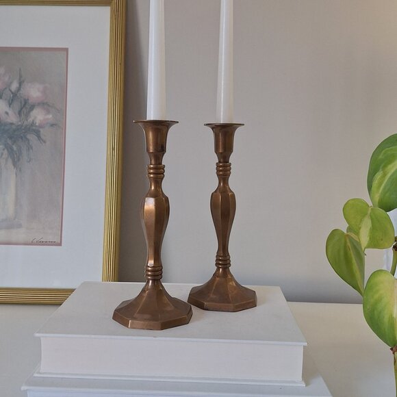 2 Vintage Brass Candlestick candle Holder hexagon base Taper - Picture 3 of 6